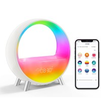 Amouhom Smart Bedside Lamp, Bluetooth 5.0 Hifi Speaker Alarm Clock, Sound Machine, Work With Alexa & Google Assistant, Support 12/24 Calendar, App Control And Snooze Mode, Ideal Choice For Friends.