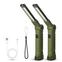 Suranew Led Worklight Flashlight, Cob Rechargeable Work Lights With Magnetic Base 360 Degree Rotate And 5 Modes Portable Flood Light Inspection Construction Light For Car Repair (Army Green, 2 Pack)