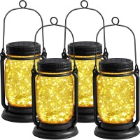 4 Pack Hanging Solar Lantern Lights Vintage Glass Mason Jar Solar Fairy Lights Outdoor Decorative Waterproof Table Lamp With Sta