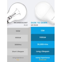 Aovpex Dusk To Dawn Led Outdoor Light Bulbs, 13W 1100Lm(100W Equivalent), A19 Sensor Led Bulb, E26 2700K Soft White Day Night Bulbs, Auto On/Off, Sensor Lighting For Porch Garage Front Door, 4 Pack