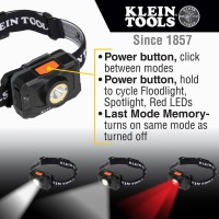 Klein Tools 56414 Rechargeable 2-Color Led Headlamp, Fabric Strap, Spotlight, Floodlight, Red Led, 800 Lumens, Usb Cable, Camping, Running