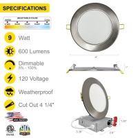 Nuwatt 6 Pack, 4 Inch Ultra-Thin Recessed Led Lights Brushed Nickel, 5Cct 2700K/3000K/3500K/4000K/5000K Selectable, 630Lm, 9W, Ic Rated, Dimmable, Canless Downlight With Junction Box, Energy Star, Etl