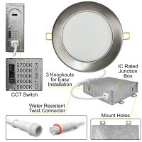 Nuwatt 6 Pack, 4 Inch Ultra-Thin Recessed Led Lights Brushed Nickel, 5Cct 2700K/3000K/3500K/4000K/5000K Selectable, 630Lm, 9W, Ic Rated, Dimmable, Canless Downlight With Junction Box, Energy Star, Etl