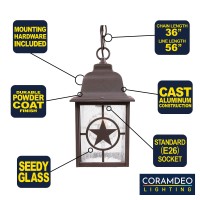 Coramdeo Country Star Outdoor Farmhouse Pendant Light For Patios, Porches, And More, E26 Standard Socket, Suitable For Damp Location, Rust Finished Cast Aluminum With Seedy Glass