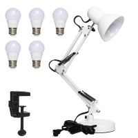 Gupuzm Led Desk Lamp With Clamp - Swing Arm Desk Lamp With 5 Led Cold Light Bulbs 6500K - Folding Table Lamp,Used For Office, Work, Study, Dormitory Reading And Eye Protection Desk Lamp (White)