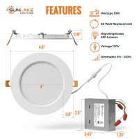 Sunlake 12 Pack Recessed Lighting Led 4 Inch, Ceiling Lights 5 In 1, Canless Ultra Thin 5Cct Dimmable 2700K/3000K/3500K/4000K/5000K Selectable, 650 Lumens, 10W=65W Eqv, Downlight, Ul Energy Star