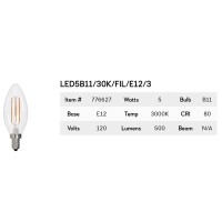 Bulbrite (Pack Of 10) 776627 Led Filament Light Bulb, E12 Candelabra Base For Use In Chandeliers, Pendants And Sconces, 3000K Soft White Light, 5 Watts 500 Lumens, Fully Dimmable 10-Pack