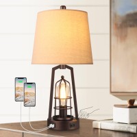 Farmhouse Bedside Lamp Touch Control, Dimmable Industrial Table Lamps For Bedrooms, Desk Lamp With Usb Charging Port And Outlet, Rustic Bed Lamps For Living Room, Study Room, Office, Bulbs Included