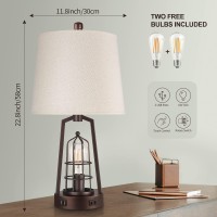 Farmhouse Bedside Lamp Touch Control, Dimmable Industrial Table Lamps For Bedrooms, Desk Lamp With Usb Charging Port And Outlet, Rustic Bed Lamps For Living Room, Study Room, Office, Bulbs Included