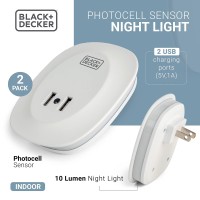 Black+Decker Night Light Plug In With 2 Usb Charging Ports, Photocell Sensor, 10 Lumen, 2 Pack