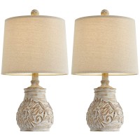 Pokat 18.5'' Farmhouse Vintage Table Lamps For Living Room Traditional Carved Floral Bedside Lamps For Bedroom Rustic Night Light Lamps Washed White