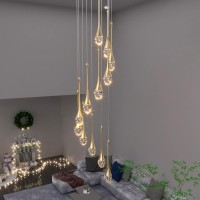 Ykolupty 12Lights Staircase Chandelier 120In Gold Chandelier For Sloped High Ceiling Raindrop Pendant Chandelier For Living Roo