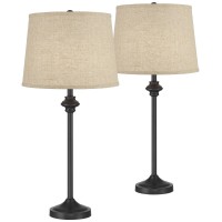 360 Lighting Lynn Modern Industrial Buffet Table Lamps 26 Tall Skinny Set Of 2 Dark Bronze Brown Metal Burlap Fabric Drum Shad