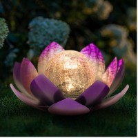 Huaxu Solar Lights For Outdoor Decor,Purple Lotus Light,Waterproof Led Crackle Globe Glass Flower Light For Garden, Patio, Yard, Porch, Pathway, Ground, Tabletop