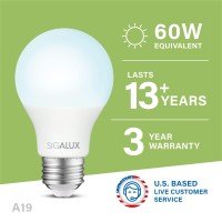 Sigalux A19 Led Light Bulb 60W Equivalent, E26 Medium Base 5000K Daylight 800Lm, Non-Dimmable Led 9.5 Watt Standard Light Bulbs, Ul Listed, 16 Pack