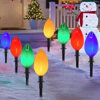 Christmas Lights Jumbo C9 Outdoor Lawn Decorations With Pathway Marker Stakes, 2 Pack 7 Feet String Lights With Multi Color Giant Lighted Bulbs For Holiday Outside Yard Garden Decor, 8 Lights