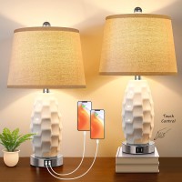 Set Of 2 Touch Control Table Lamp With Fast 2 Usb Ports, White Ceramic Mid Century Bedside Lamps, 3-Way Dimmable Retro Nightstand Light With Fabric Shade For Bedroom, Living Room, Led Bulbs Included