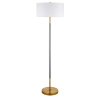 Henn&Hart 2-Light Floor Lamp With Fabric Shade In Cool Gray/Brass/White, Floor Lamp For Home Office, Bedroom, Living Room