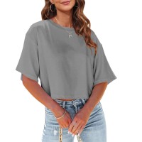 Tankaneo Women Half Sleeve Cropped T Shirt Drop Shoulder Round Neck Crop Tops Casual Summer Solid Color Basic Tees