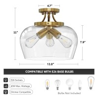 Vonluce Semi Flush Mount Ceiling Light 3Bulb Gold Ceiling Light Fixture With Clear Glass Shade 138 Industrial Ceiling Ligh