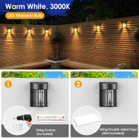 Mancra Solar Fence Lights Outdoor, 6 Pack Solar Deck Lights Led Filament Bulb Solar Wall Lights Waterproof Patio Decor For Porch Backyard Yard Garden, 3000K