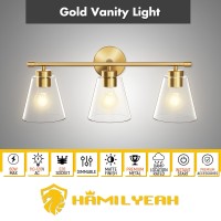 Hamilyeah Gold Bathroom Vanity Light Fixtures Over Mirror 3 Light Vanity Lights Clear Glass Industrial Vanity Lighting Fixture