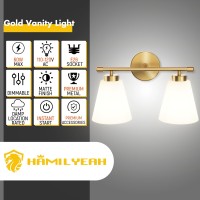 Hamilyeah Gold Bathroom Vanity Light Fixture With Frosted Glass Shade, 2 Light Vanity Lighting Fixture Over Mirror, 2 Bulb Wall Lamps For Bathroom, Restroom, Living Room