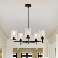 Lwytjo Black Chandelier, 5 Lights Farmhouse Chandeliers With Clear Glass Shades, Dining Room Light Fixture, Industrial Large Ceiling Pendant Light For Living Room,Bedroom,Kitchen,Foyer