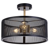 14.2'' Farmhouse Semi Flush Mount Ceiling Light Fixture, 3-Light Industrial Black And Gold Drum Ceiling Light Fixtures Hanging With Metal Cage For Bedroom,Living Room,Foyer,Entryway,Office