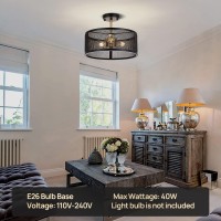 14.2'' Farmhouse Semi Flush Mount Ceiling Light Fixture, 3-Light Industrial Black And Gold Drum Ceiling Light Fixtures Hanging With Metal Cage For Bedroom,Living Room,Foyer,Entryway,Office