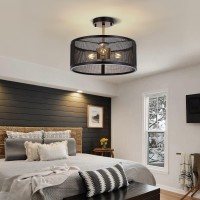 14.2'' Farmhouse Semi Flush Mount Ceiling Light Fixture, 3-Light Industrial Black And Gold Drum Ceiling Light Fixtures Hanging With Metal Cage For Bedroom,Living Room,Foyer,Entryway,Office