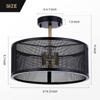 14.2'' Farmhouse Semi Flush Mount Ceiling Light Fixture, 3-Light Industrial Black And Gold Drum Ceiling Light Fixtures Hanging With Metal Cage For Bedroom,Living Room,Foyer,Entryway,Office