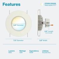 Sunco 5/6 Inch Led Recessed Downlight, Gimbal, Selectable Light, 5 Colors (2700K/3000K/3500K/4000K/5000K), 12W=60W, Dimmable, Adjustable, Damp Rated, Simple Installation - Ul