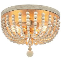 Farmhouse Wood Beaded Chandelier, Bohemia Ceiling Lamp, Rustic 2-Light Pendant Light Fixture, Semi-Flush Mount Ceiling Light For Living Room Entryway Hallway Kitchen Girl