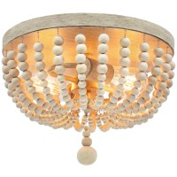 Farmhouse Wood Beaded Chandelier, Bohemia Ceiling Lamp, Rustic 2-Light Pendant Light Fixture, Semi-Flush Mount Ceiling Light For Living Room Entryway Hallway Kitchen Girl