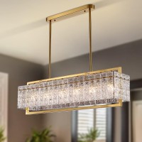 Moooni Gold Rectangle Crystal Chandelier Modern K9 Crystal Chandelier Gold Dining Room Chandelier 6 Lights Gold Rectangular Crystal Ceiling Light Fixture For Kitchen Island L41 X W10 X H12