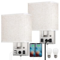 Caduke Bedside Wall Lamp Set Of 2 Plug In Wall Light With Usb Charging Ports And Ac Outlet Socket Brushed Nickel Modern Wall S