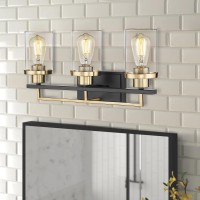 Emliviar 3Light Bathroom Vanity Light Fixtures Black And Gold Finish With Clear Glass Yce238B3W Bkbg