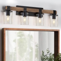 Drnanlit 4Light Industrial Farmhouse Vanity Lights Rustic Wood Bathroom Wall Light With Clear Glass Modern Metal Wall Sconce