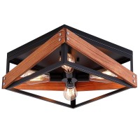 4-Light Rustic Industrial Flush Mount Light Fixture Metal And Wood Square Flush Mount Ceiling Light For Hallway Living Room Bedroom Kitchen Entryway Farmhouse, Black