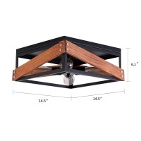 4-Light Rustic Industrial Flush Mount Light Fixture Metal And Wood Square Flush Mount Ceiling Light For Hallway Living Room Bedroom Kitchen Entryway Farmhouse, Black