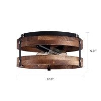 2-Light Rustic Flush Mount Light Fixture Oak Wood Round Drum Semi Flush Mount Ceiling Light For Hallway Bedroom Kitchen Entryway Farmhouse, Black