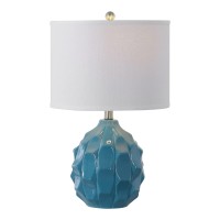 Benjara 21 Inch Scalloped Ceramic Base Table Lamp With Drum Shade, Blue