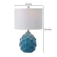 Benjara 21 Inch Scalloped Ceramic Base Table Lamp With Drum Shade, Blue