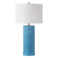 Benjara 28 Inch 150W Ceramic Base Drum Shade Table Lamp, Blue