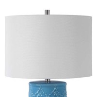 Benjara 28 Inch 150W Ceramic Base Drum Shade Table Lamp, Blue