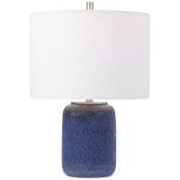 Benjara Ceramic Round Bellied Shape Table Lamp With Textured Detail, Blue