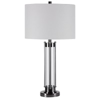 Perfect for a study desk or home office this elegant Table Lamp lends contemporary appeal to your home Supported on a stacked base accented with light black nickel finish it incorporates a drum shape white fabric shade It elevates the aesthetics of any ho