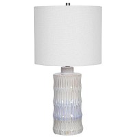 Benjara Cylindrical Ceramic Table Lamp With Raised Lines, White