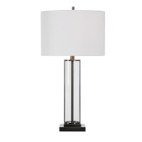 This elegant piece of table lamp is here to brighten up the entire setting and fill the room with an aesthetic appeal Crafted from glass the cylindrical shaped body with sleek metal trim accent across the edges forms the base while the drum shaped linen f